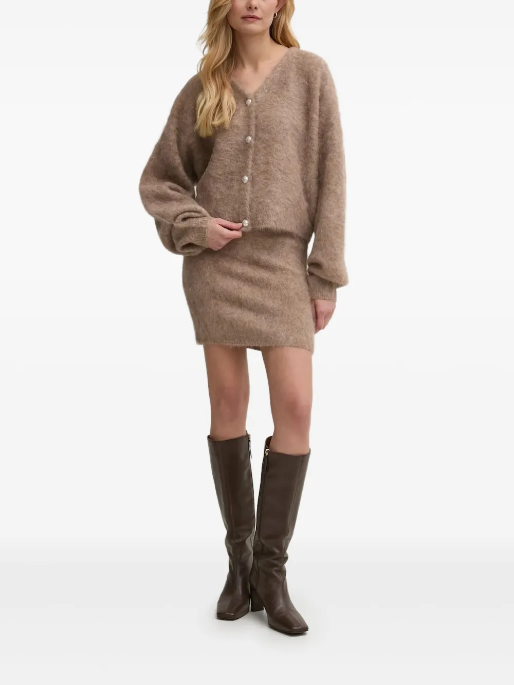 Gestuz Faux-pearl-button Alpaca-blend Cardigan In Brown