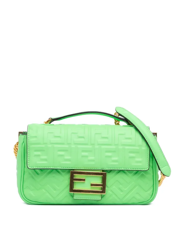 Fendi Pre-owned 2010-2024 Zucca Embossed Leather Chain Midi Baguette Shoulder Bag in Green