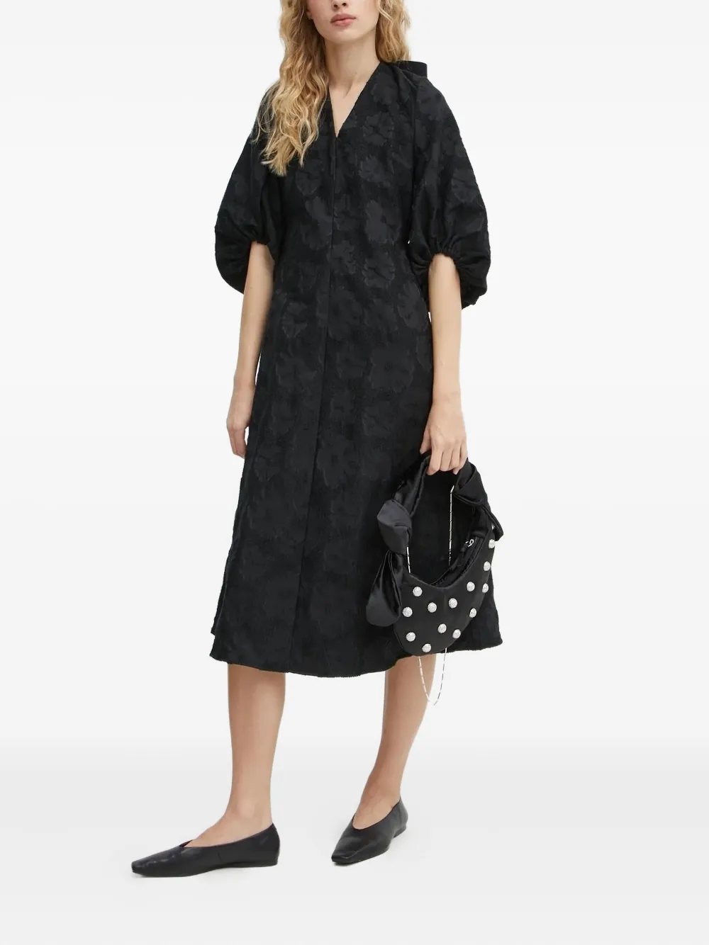 Stine Goya Anemone Puff-sleeve Textured Midi Dress In Black