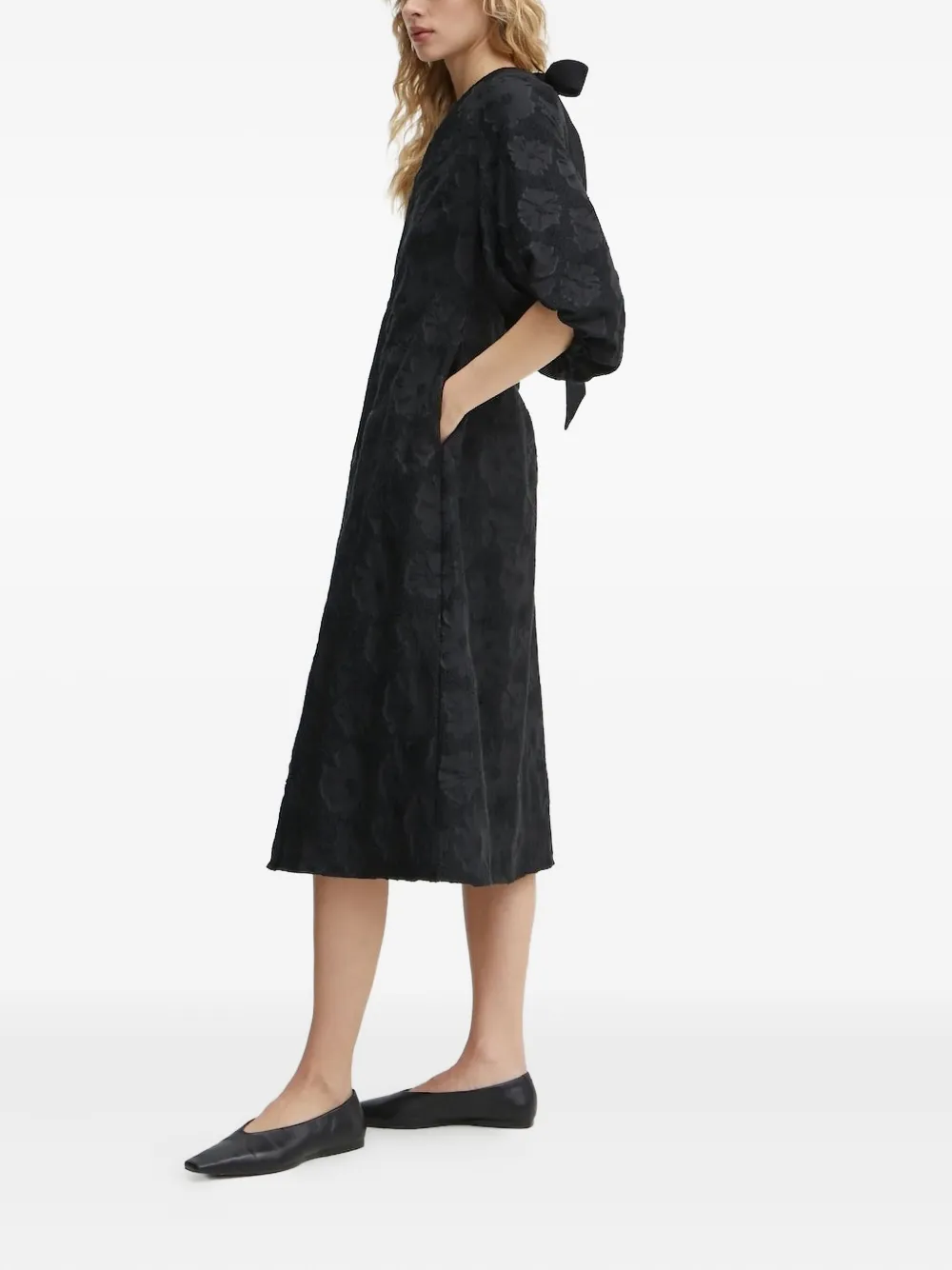 Stine Goya Anemone Puff-sleeve Textured Midi Dress In Black