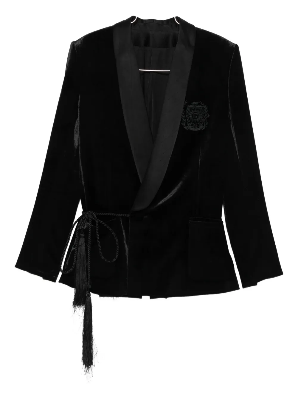 Balmain Velvet And Satin Belted Jacket With Tassel In Black