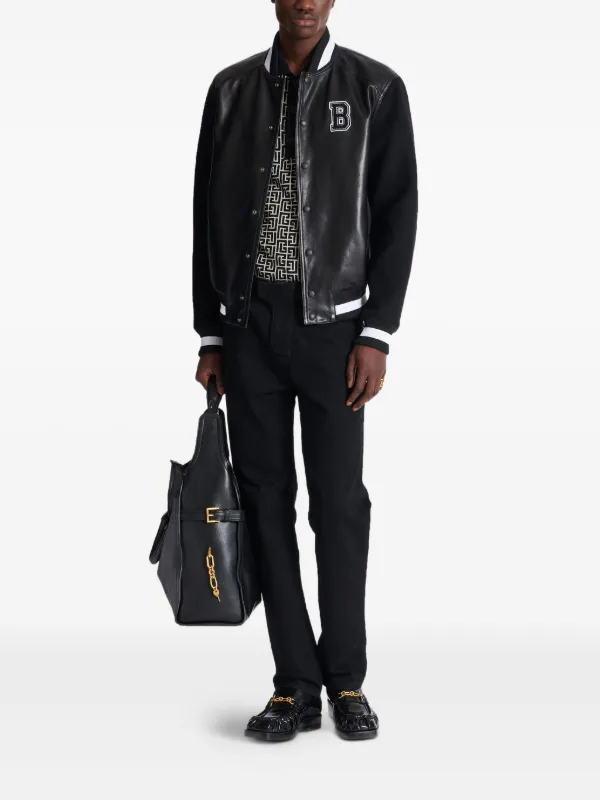 Balmain Varsity Leather Bomber Jacket | Black | FARFETCH ZA
