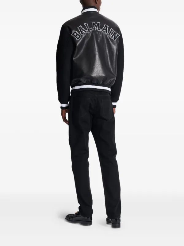 Balmain Varsity Leather Bomber Jacket | Black | FARFETCH RO