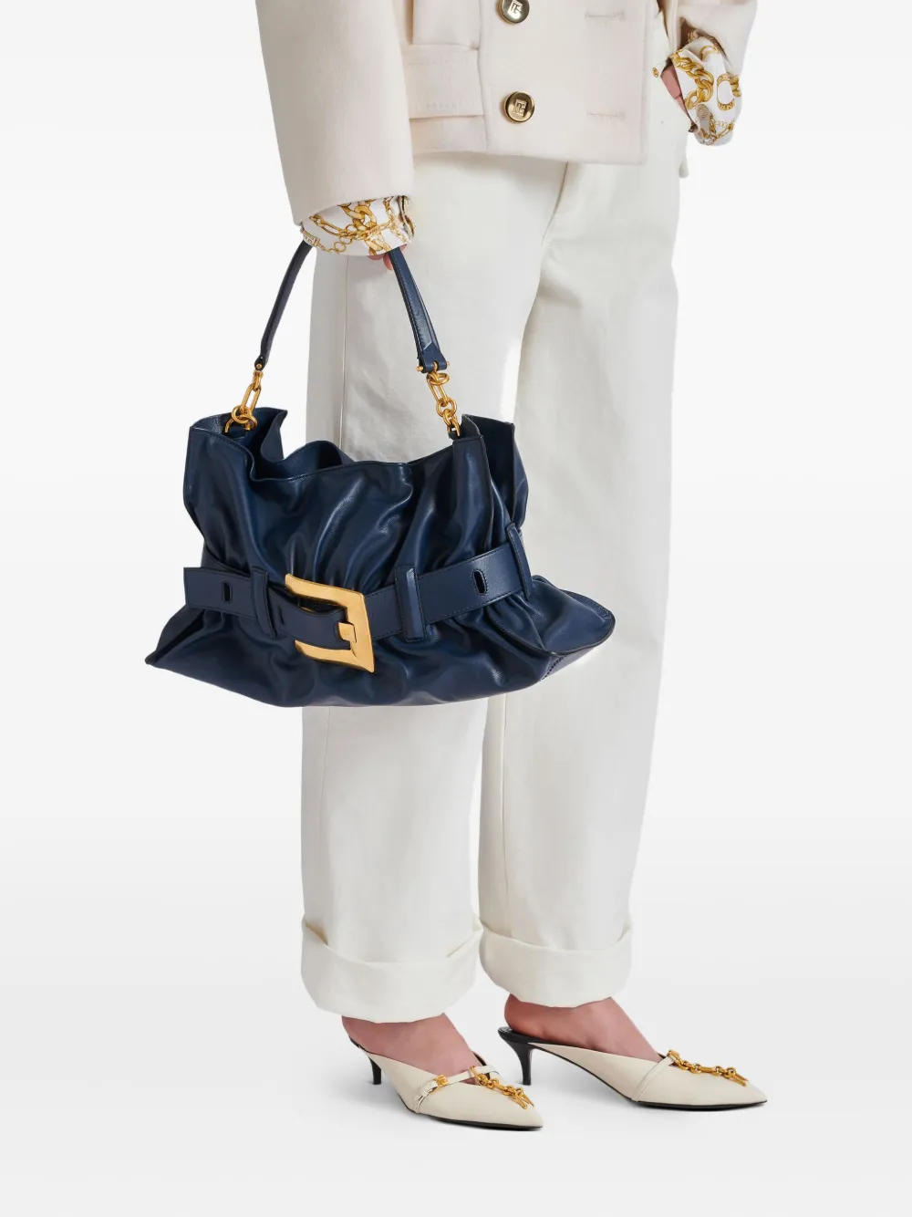 Balmain Anthem Medium Buckle Shoulder Bag In Calfskin In Blue