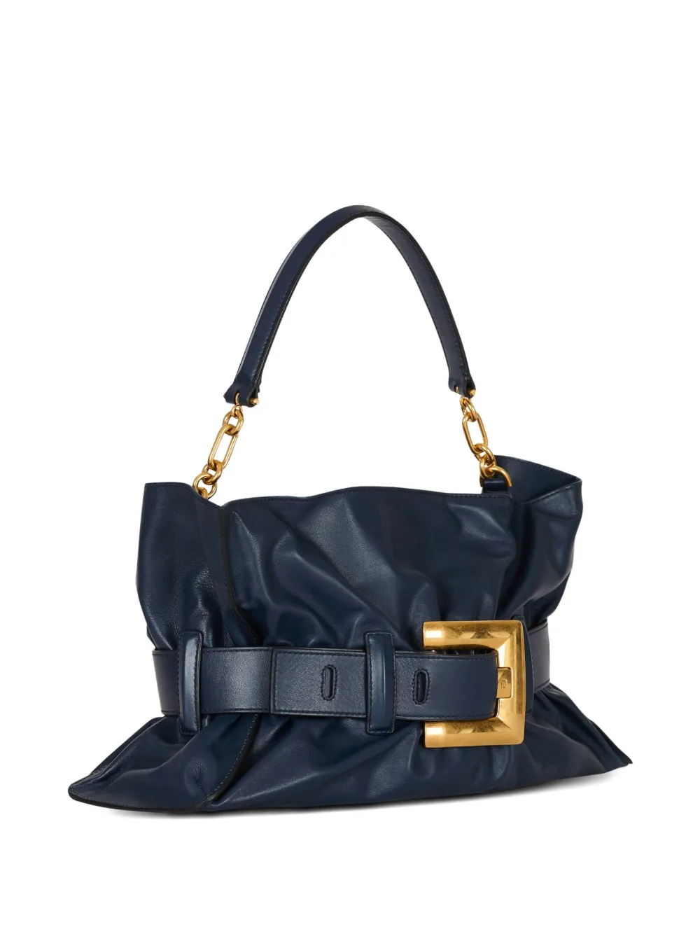 Balmain Anthem Medium Buckle Shoulder Bag In Calfskin In Blue