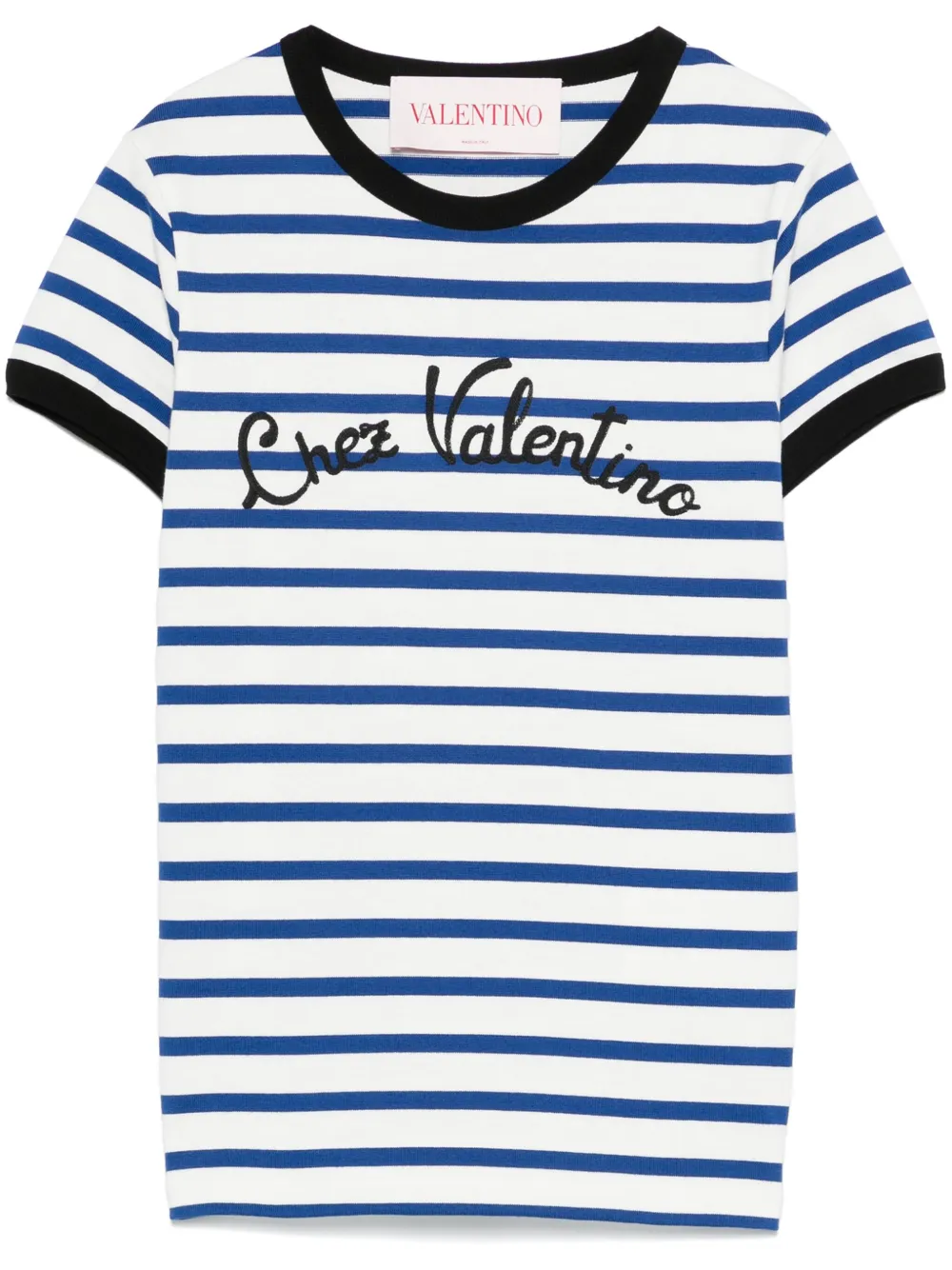 Valentino Womens Striped Embroidered Cotton-jersey T-shirt Avorio Blu