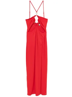 strapless open back dress Miss Circle Women Nessa Red Lace Satin Corset Maxi Dress