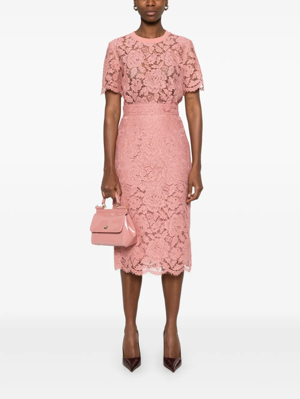 Dolce & Gabbana logo-embroidered lace midi skirt - Roze