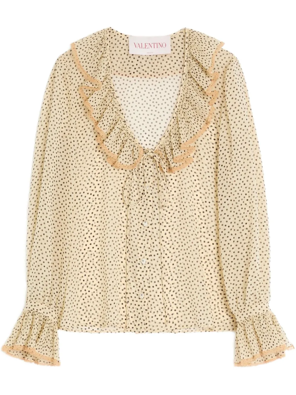 Valentino Silk Blouse With Ruffled Neckline And Polka Dot Pattern In Neutrals