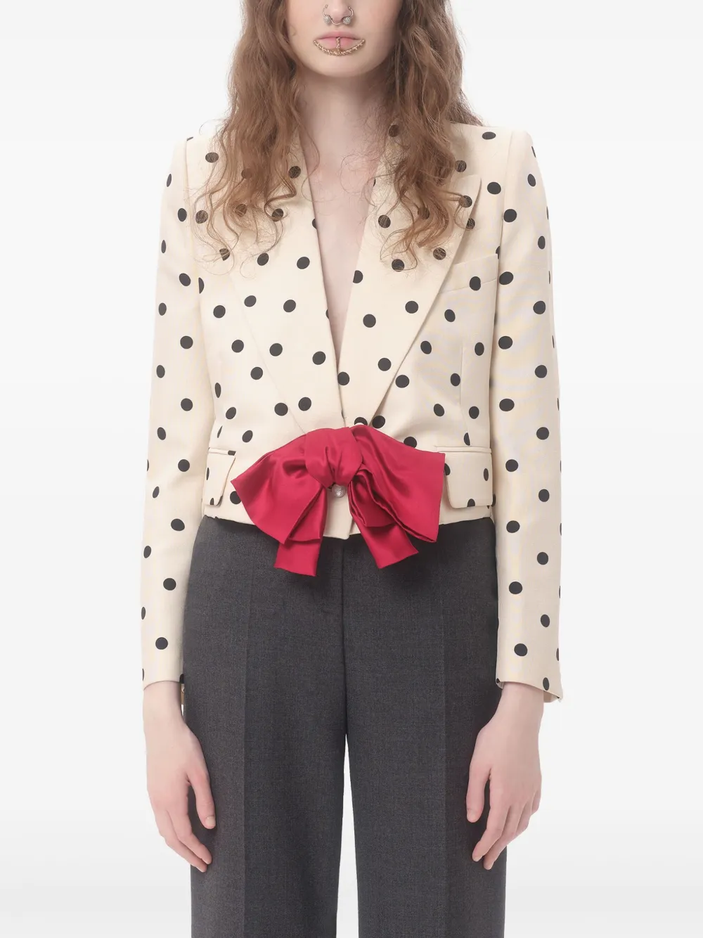 Valentino Bow-embellished Polka-dot Silk-shantung Jacket In Neutrals