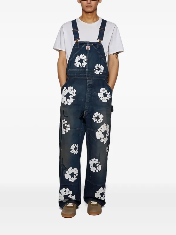 SAINT MXXXXXX wreath-print Denim Overalls | Blue | FARFETCH