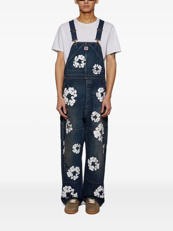 SAINT MXXXXXX wreath-print Denim Overalls | Blue | FARFETCH