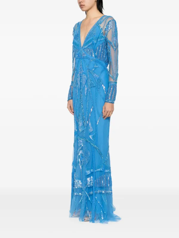 Zuhair Murad Art deco-embroidered V-neck Gown | Blue | FARFETCH BN Zuhair Murad Art deco-embroidered V-neck Gown | Blue | FARFETCH BN
