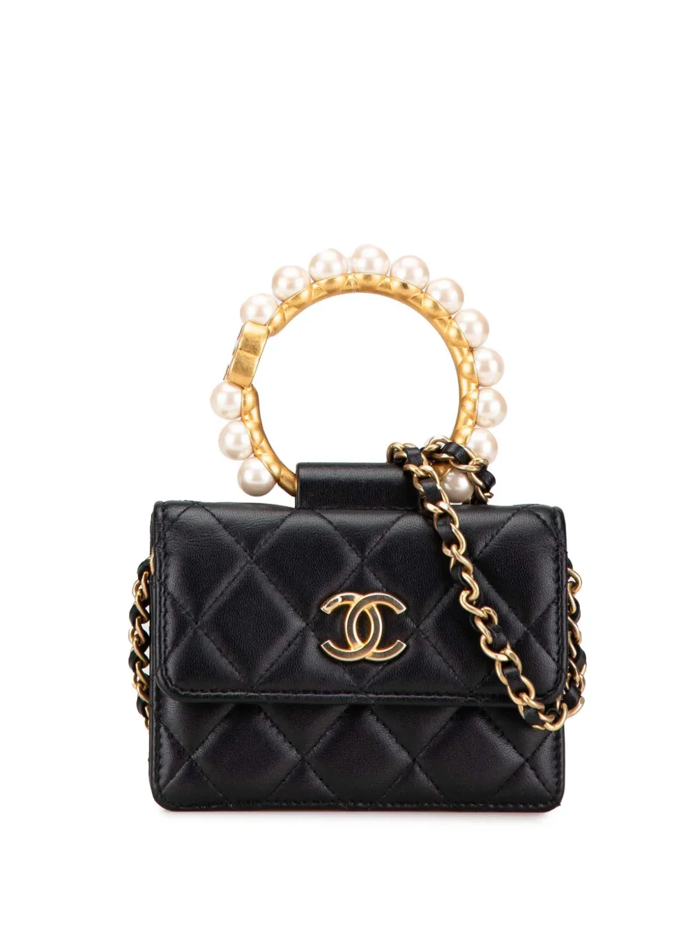 CHANEL Pre-Owned شنطة جلد مبطنة بحمالة كتف ومقبض بلؤلؤ 2021 | أسود | Image 1