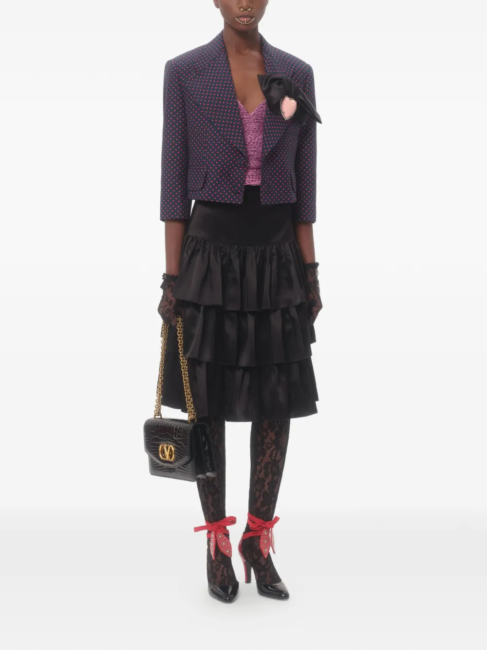 Valentino Garavani Satin Ruffle Skirt in Black, view 2