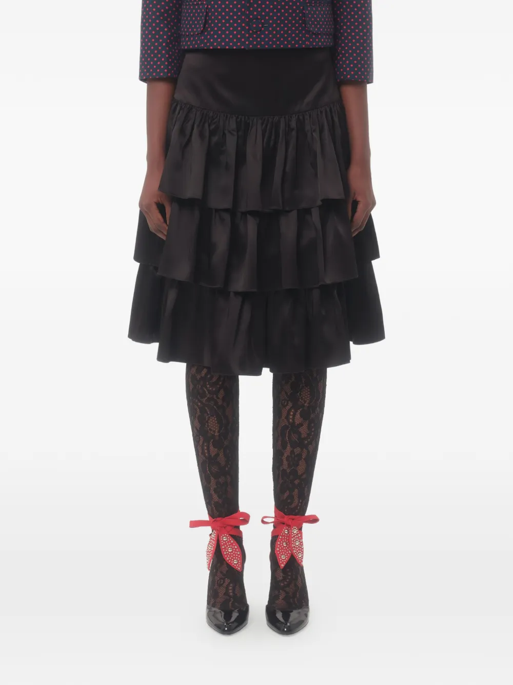 Valentino Garavani Satin Ruffle Skirt in Black, view 3