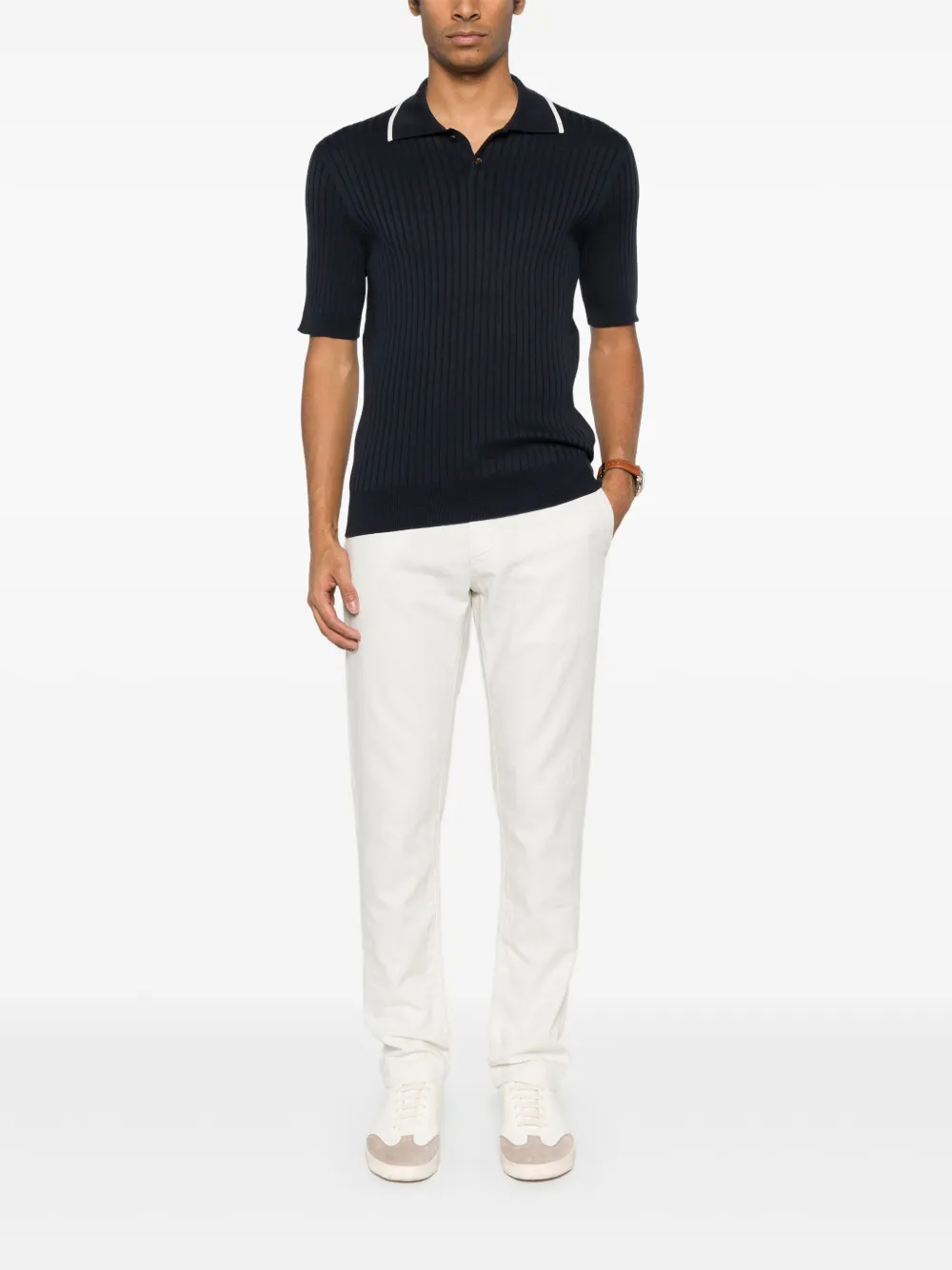 Brunello Cucinelli ribbed-knit polo shirt - CGS29 Notte/white