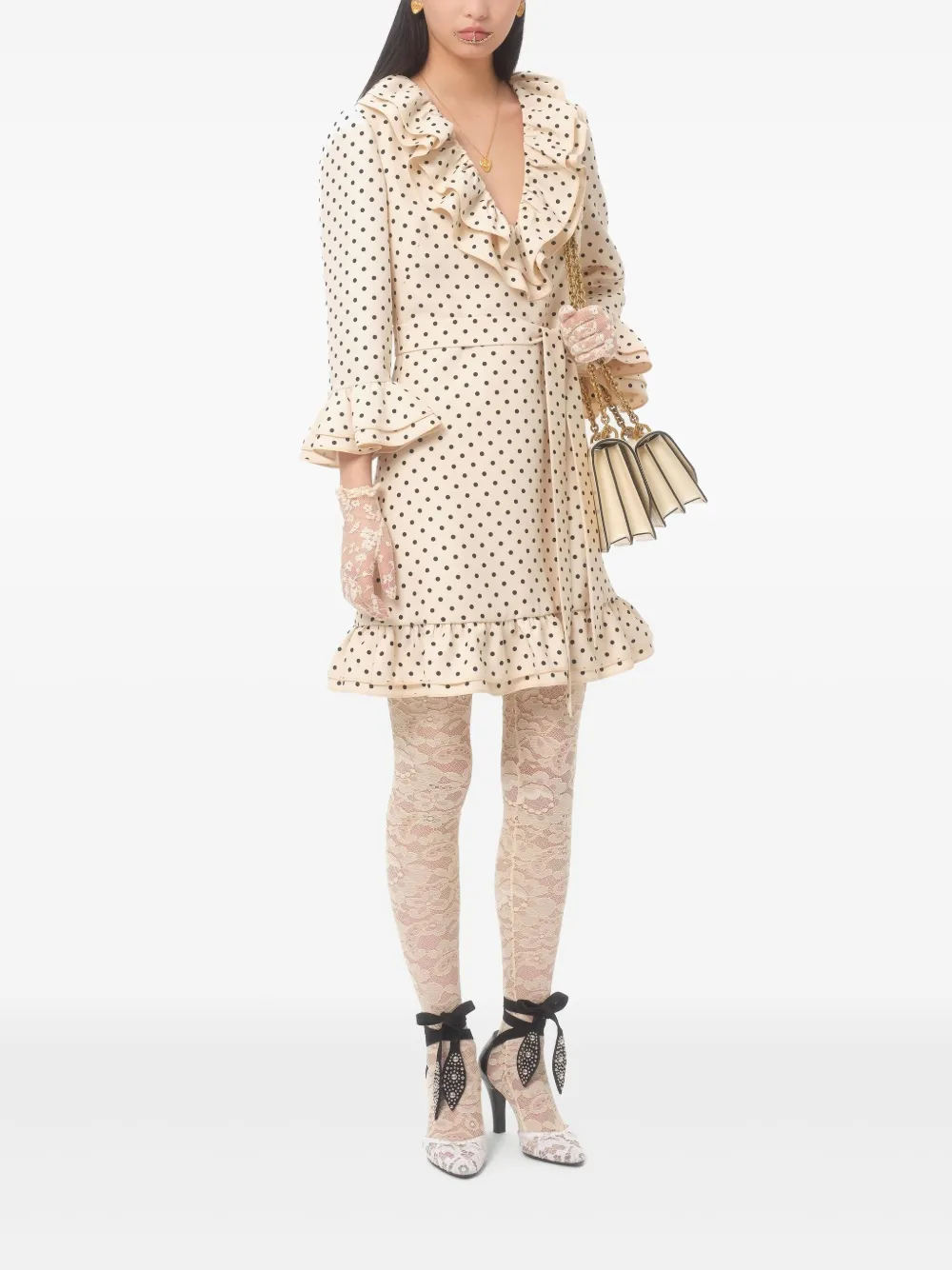 Valentino Virgin Wool-silk Polka-dot Mini Dress In Neutrals