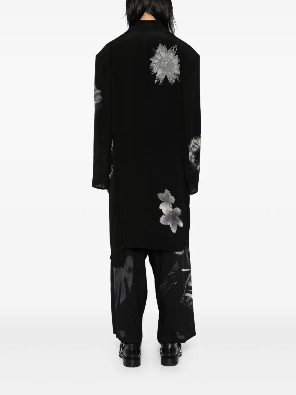Yohji Yamamoto Jack met bloemenprint en split Zwart