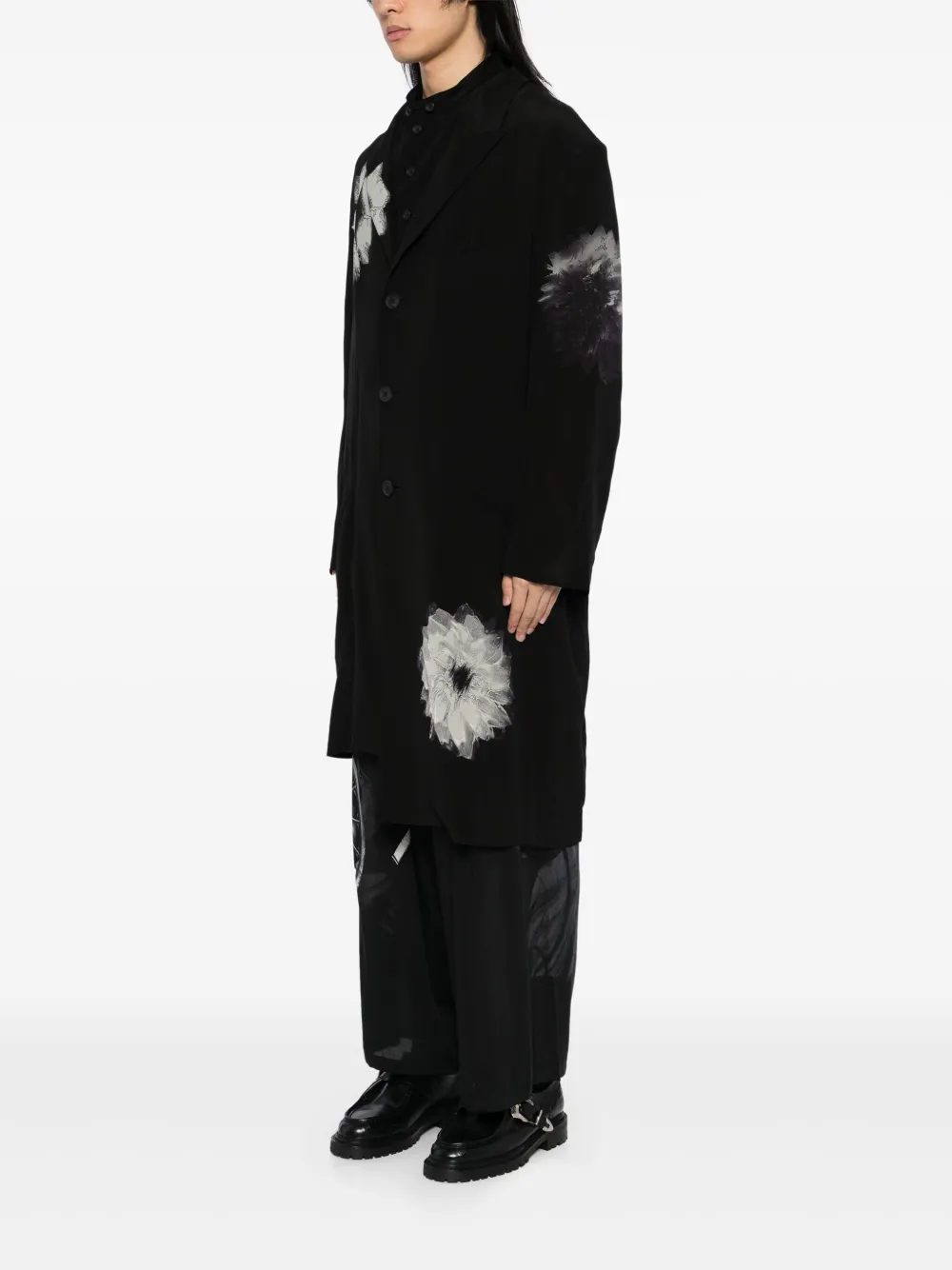 Yohji Yamamoto Jack met bloemenprint en split Zwart