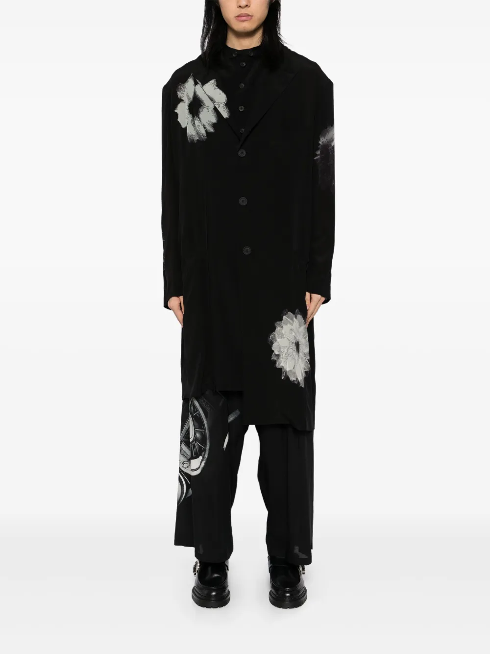 Yohji Yamamoto flower-print slit jacket - Zwart