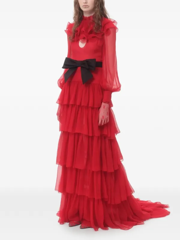 RED VALENTINO モスリン プリーツシフォンドレス Valentino Garavani Ruffled Chiffon Maxi Dress | Red | FARFETCH