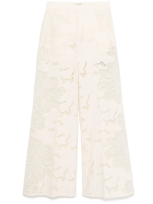 Elie Saab Embroidered Cotton Palazzo Pants in Neutrals