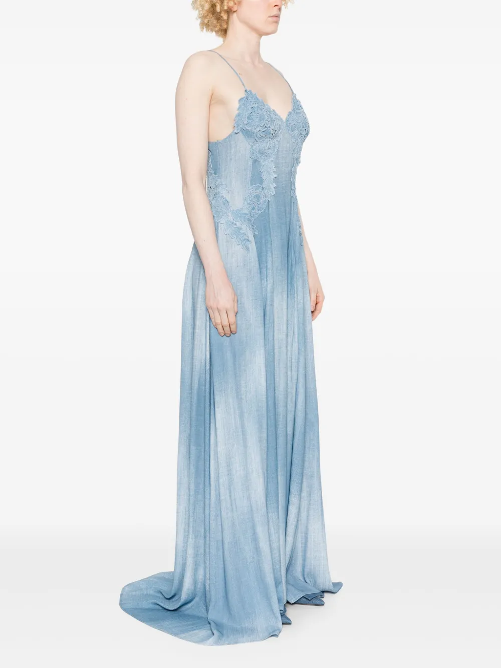 Ermanno Scervino Maxi-jurk met denim print en kant Blauw