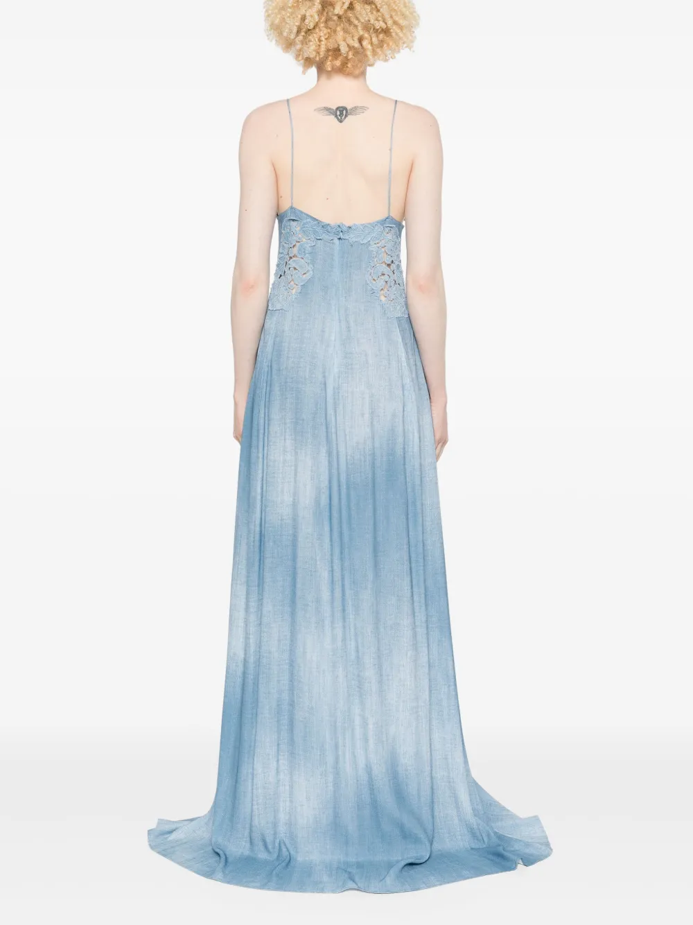 Ermanno Scervino Maxi-jurk met denim print en kant Blauw