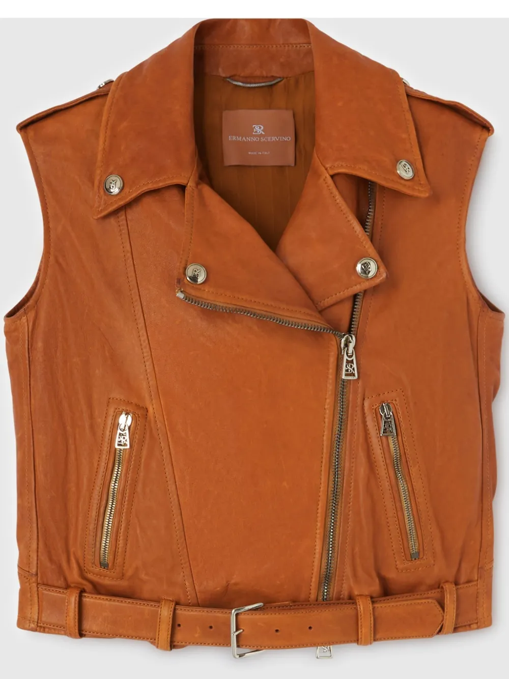 Ermanno Scervino Leather Biker Waistcoat In Braun