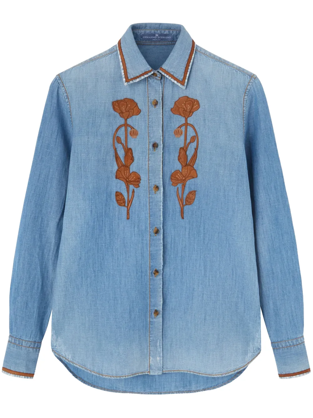 floral-embroidered denim shirt