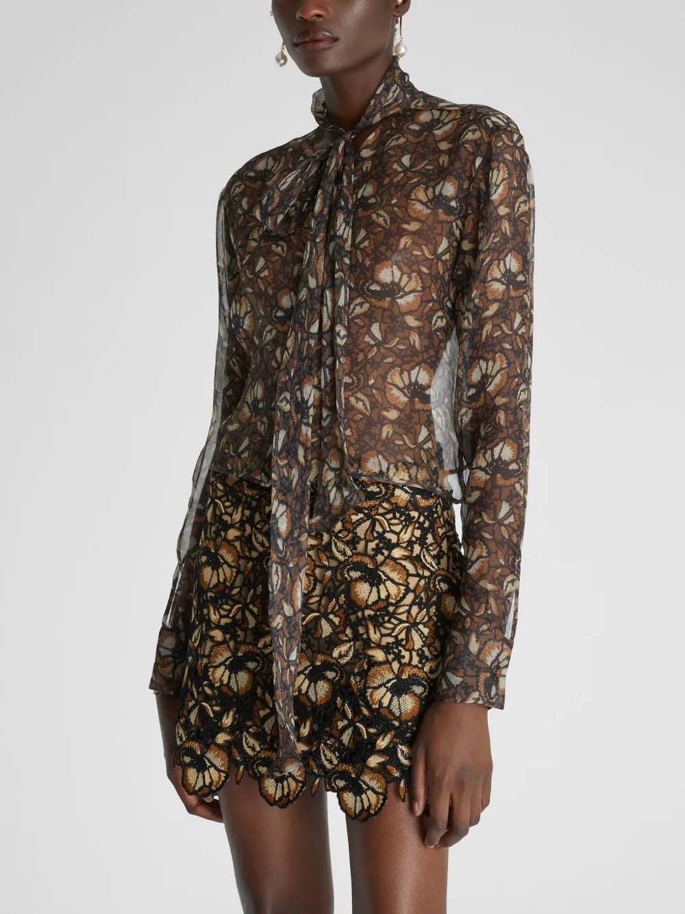 Ermanno Scervino Zijden macramé blouse met kantprint Bruin