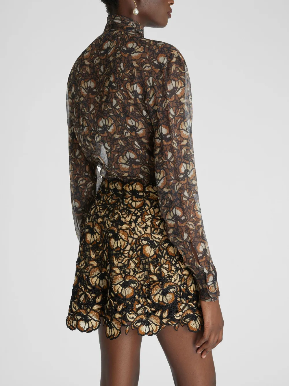 Ermanno Scervino Zijden macramé blouse met kantprint Bruin