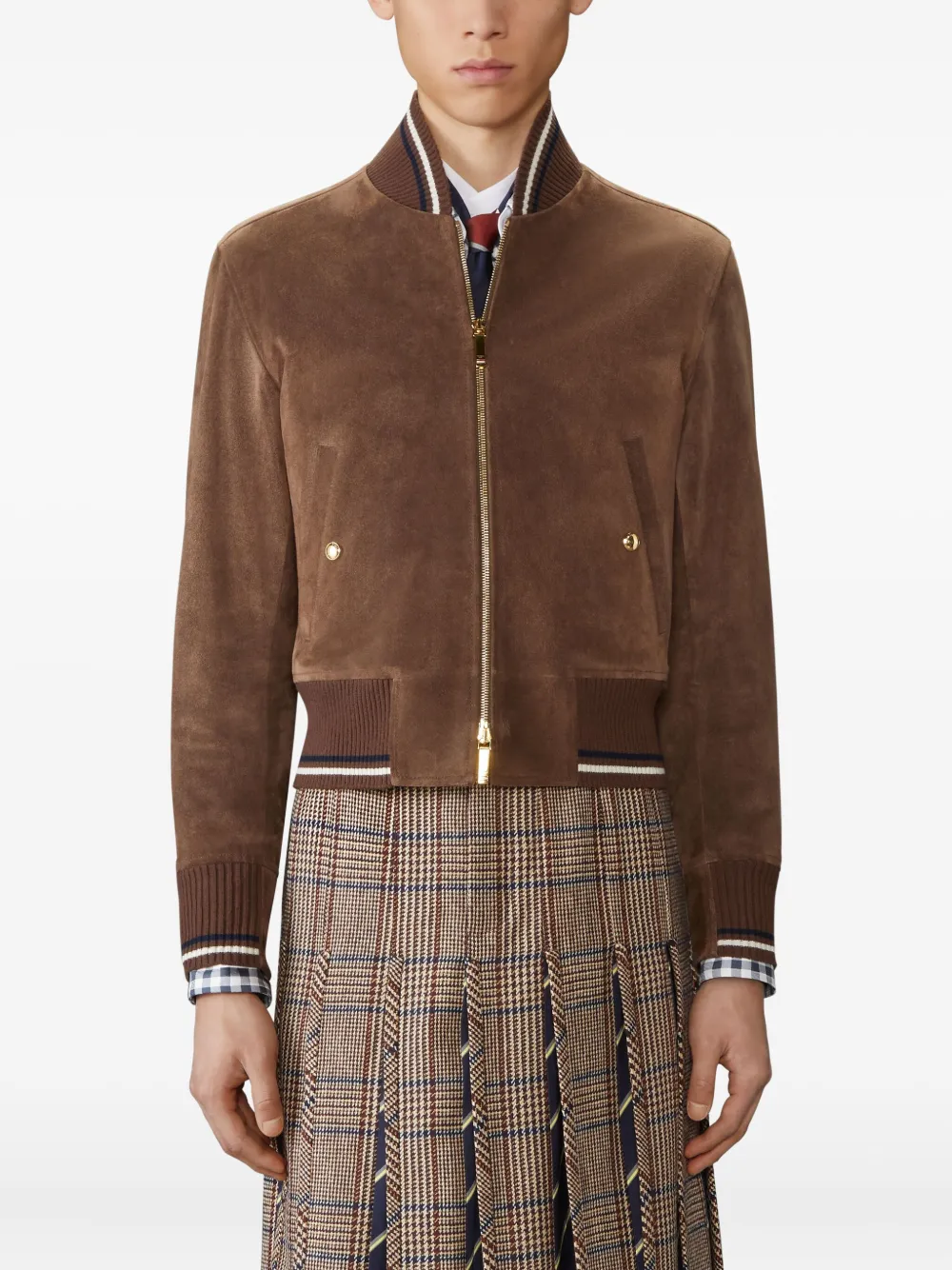 Thom Browne Suède bomberjack met gebreid detail Bruin