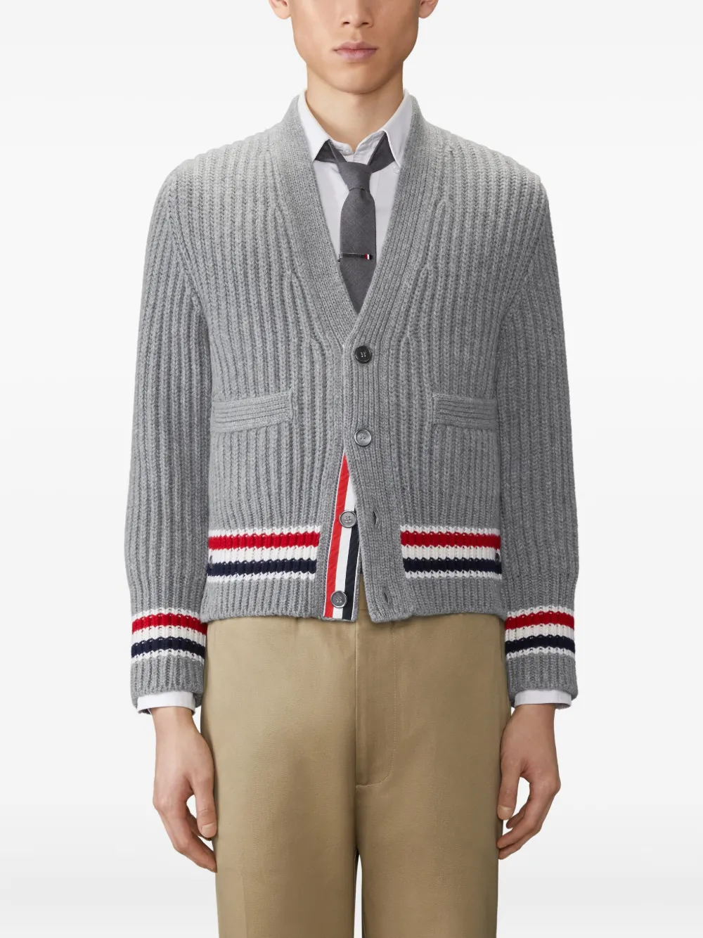 Thom Browne ribbed v-neck cardigan | Grey | Image 1