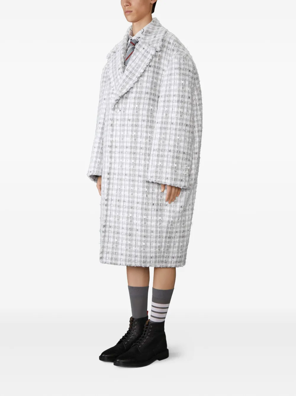 Thom Browne Gingham-check Tweed Coat In Gray