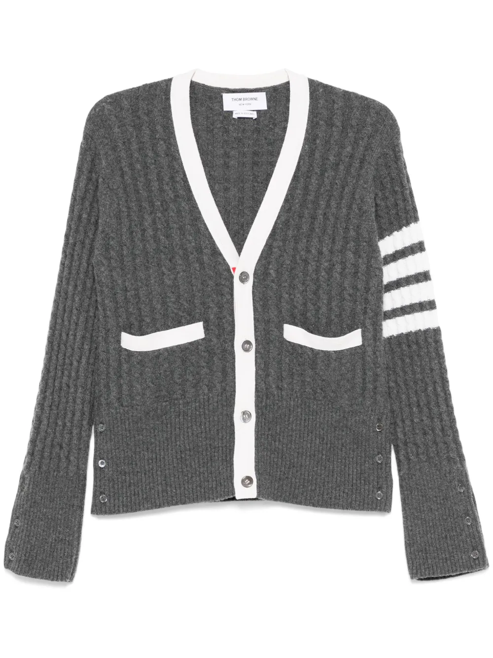 Thom Browne 4 Bar Stripe Cable Stitch Cardigan In Gray