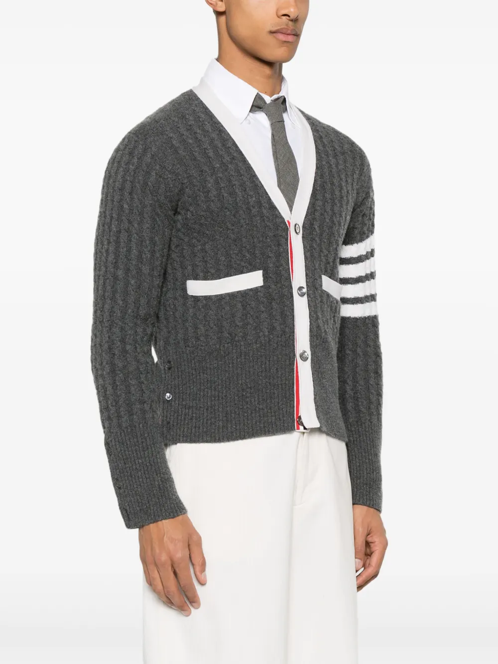 Thom Browne 4 Bar Stripe Cable Stitch Cardigan In Gray