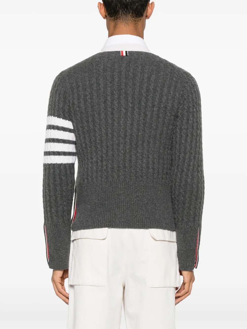Thom Browne 4 Bar Stripe Cable Stitch Cardigan In Gray