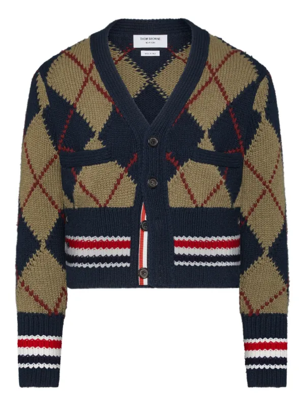 Thom Browne argyle-intarsia V-neck Cardigan Blue FARFETCH TR