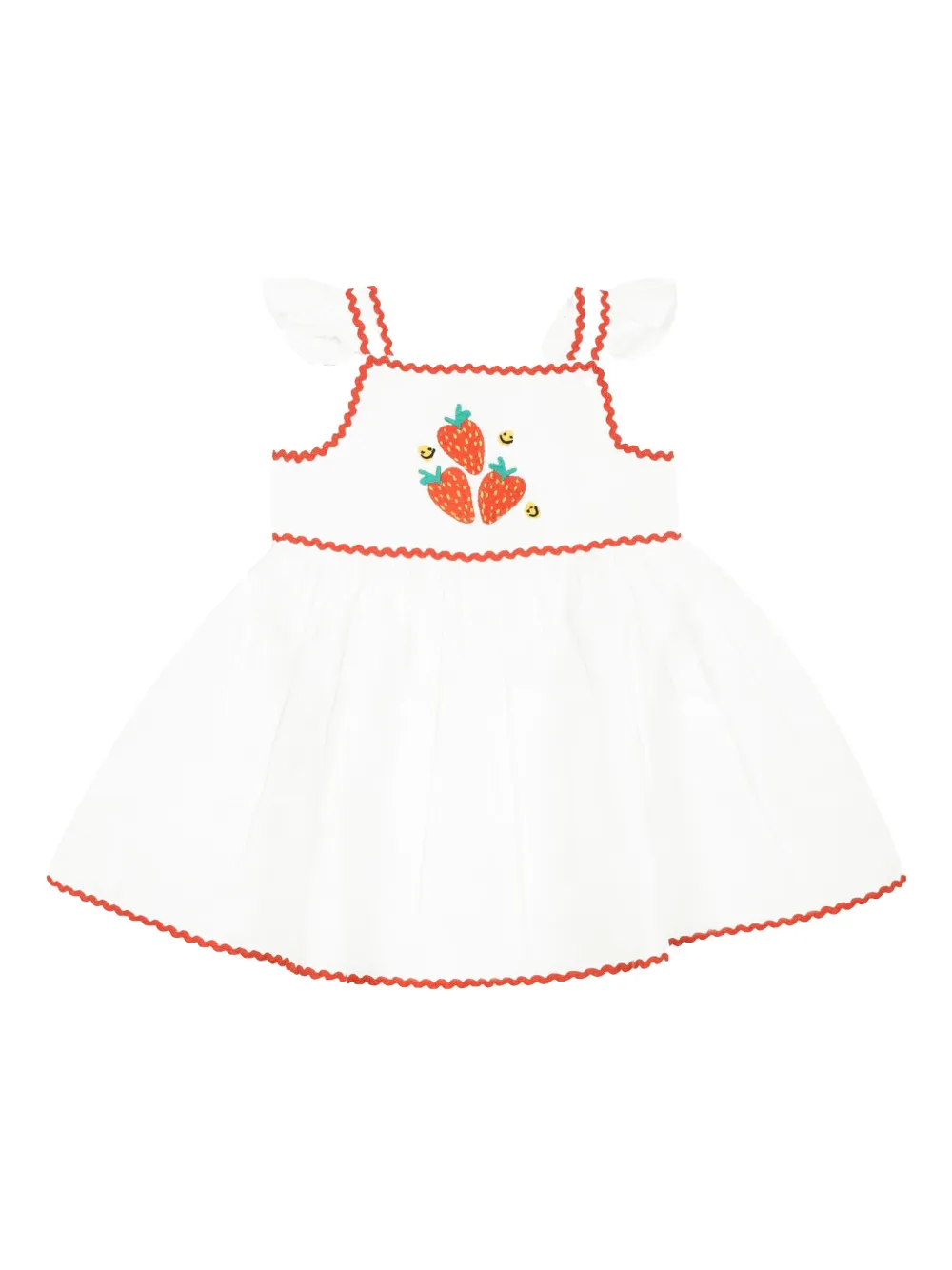 Stella McCartney Kids Jurk met geborduurde aardbeien en kapmouwen Wit