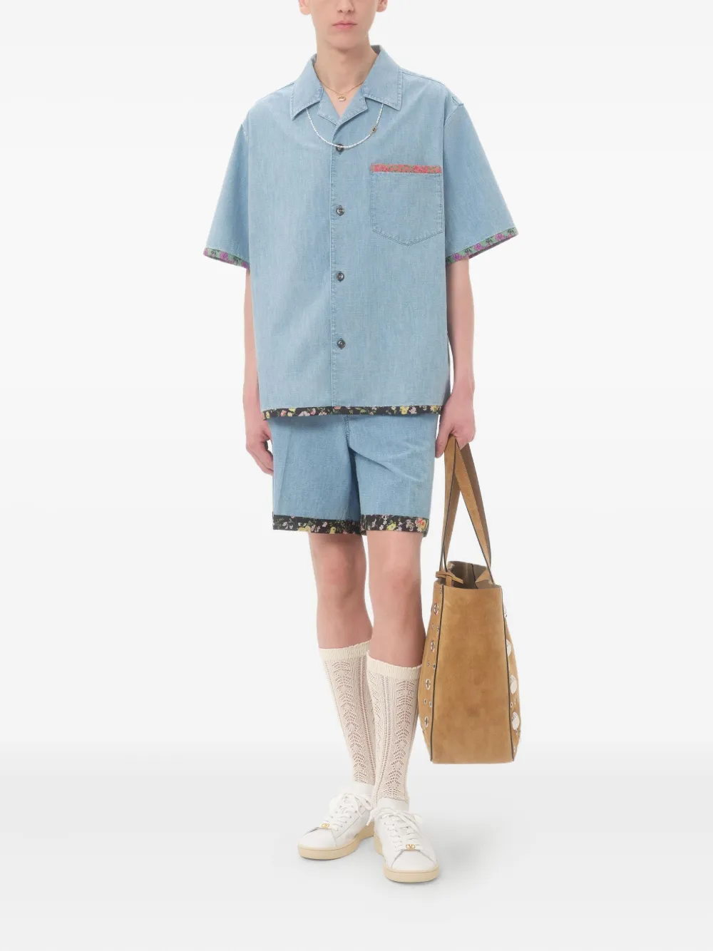 Valentino Garavani Denim bowlingshirt met bloemenprint Blauw