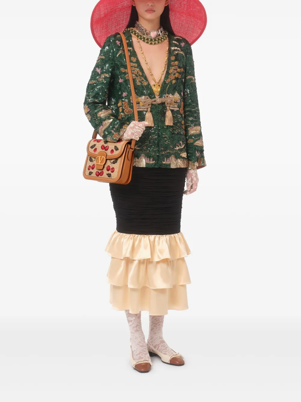 Valentino Garavani 9to5 schoudertas met kersenpatroon Beige