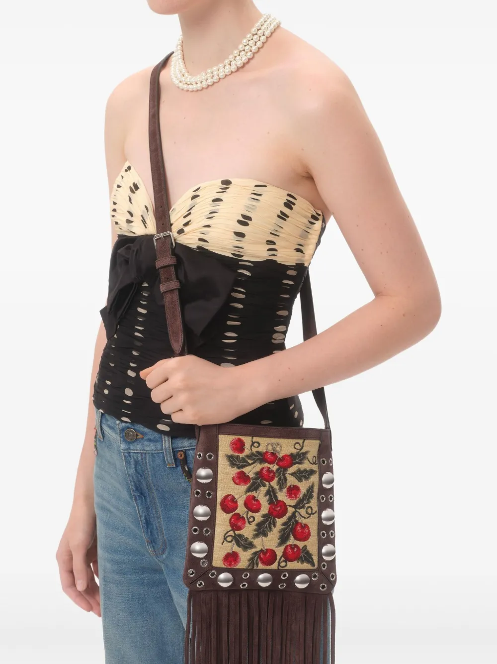 Valentino Garavani Kleine Nellcôte schoudertas met Cherryfic-patroon Beige