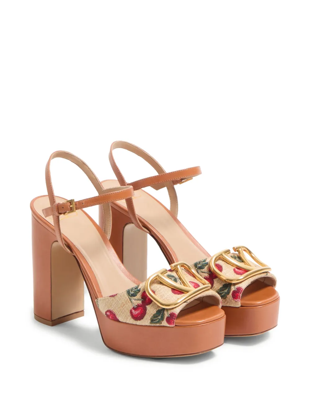 Valentino Cherry-embroidered Raffia Platform Sandals In Brown