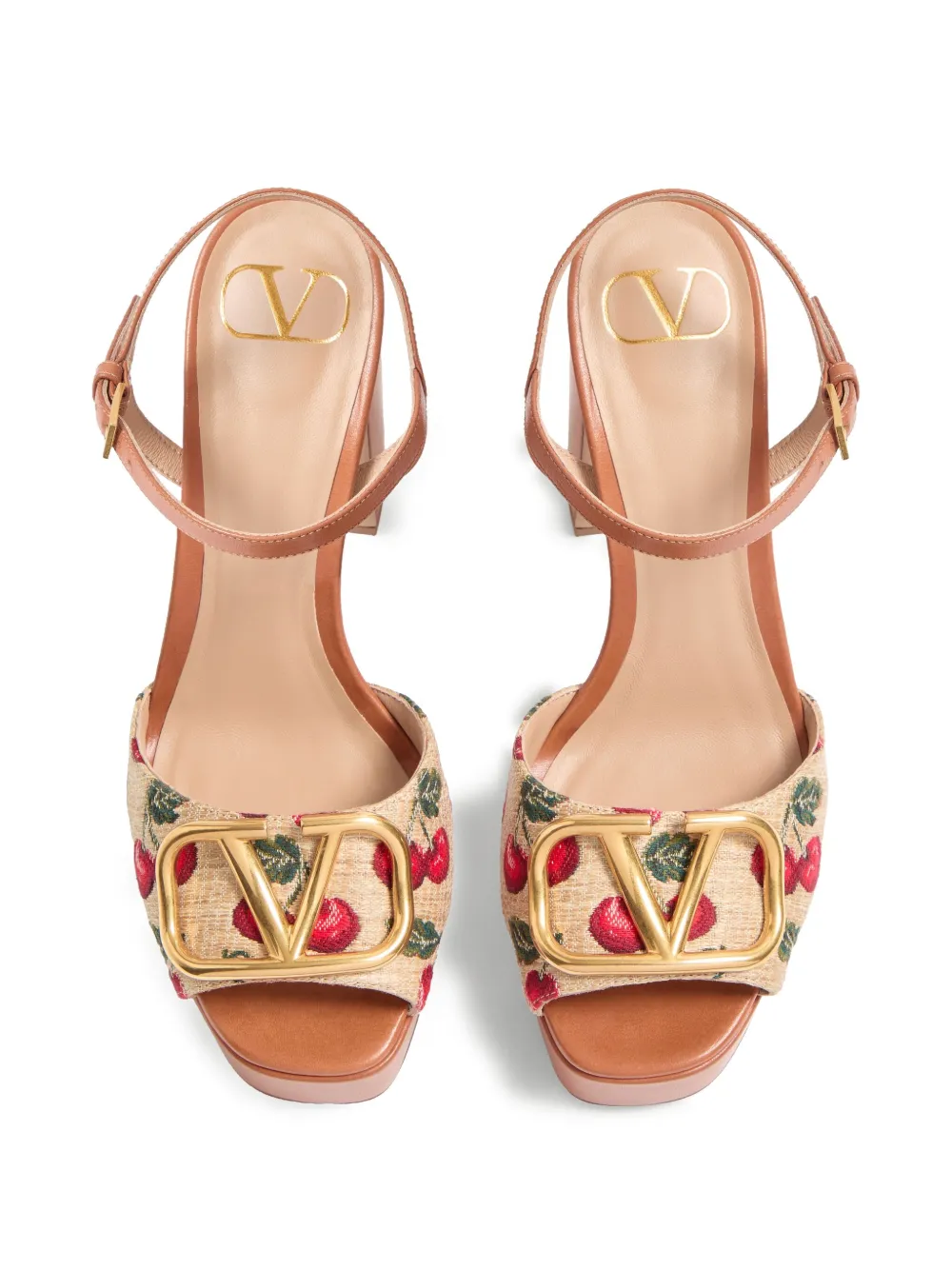 Valentino Cherry-embroidered Raffia Platform Sandals In Brown