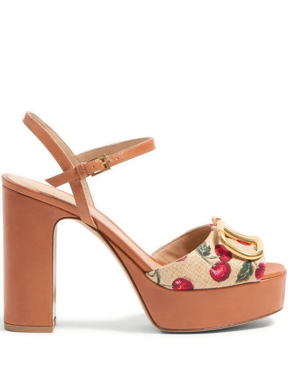 Valentino Cherry-embroidered Raffia Platform Sandals In Brown