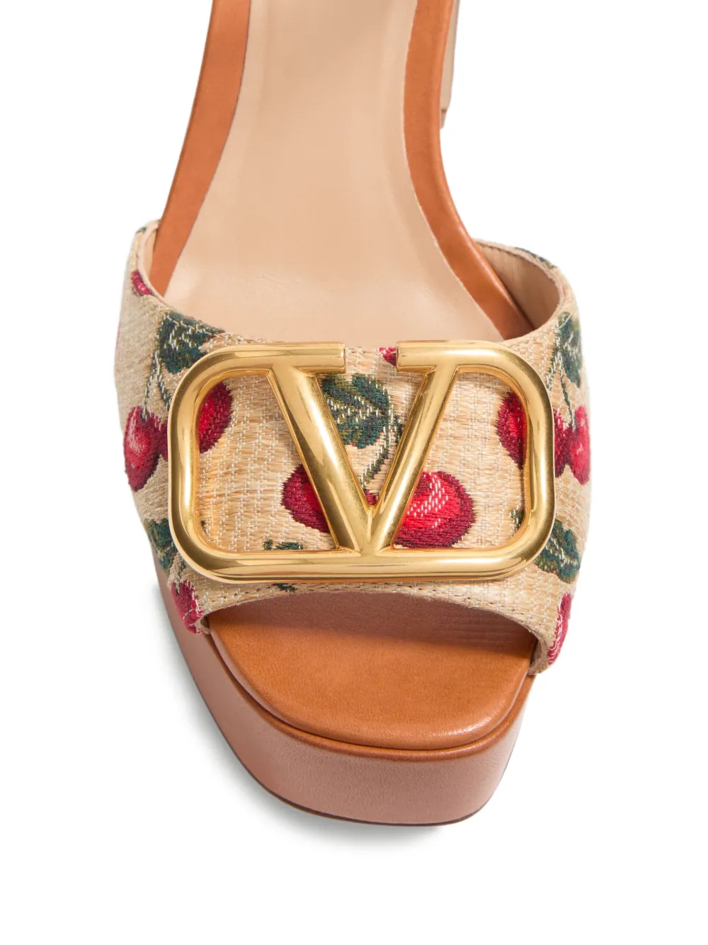 Valentino Cherry-embroidered Raffia Platform Sandals In Brown