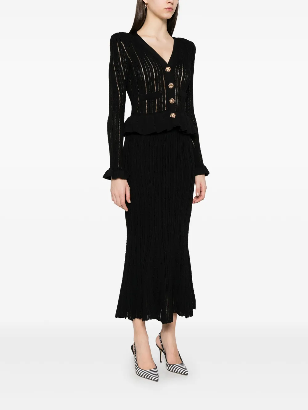 Self-Portrait Gebreide peplum maxi-jurk Zwart