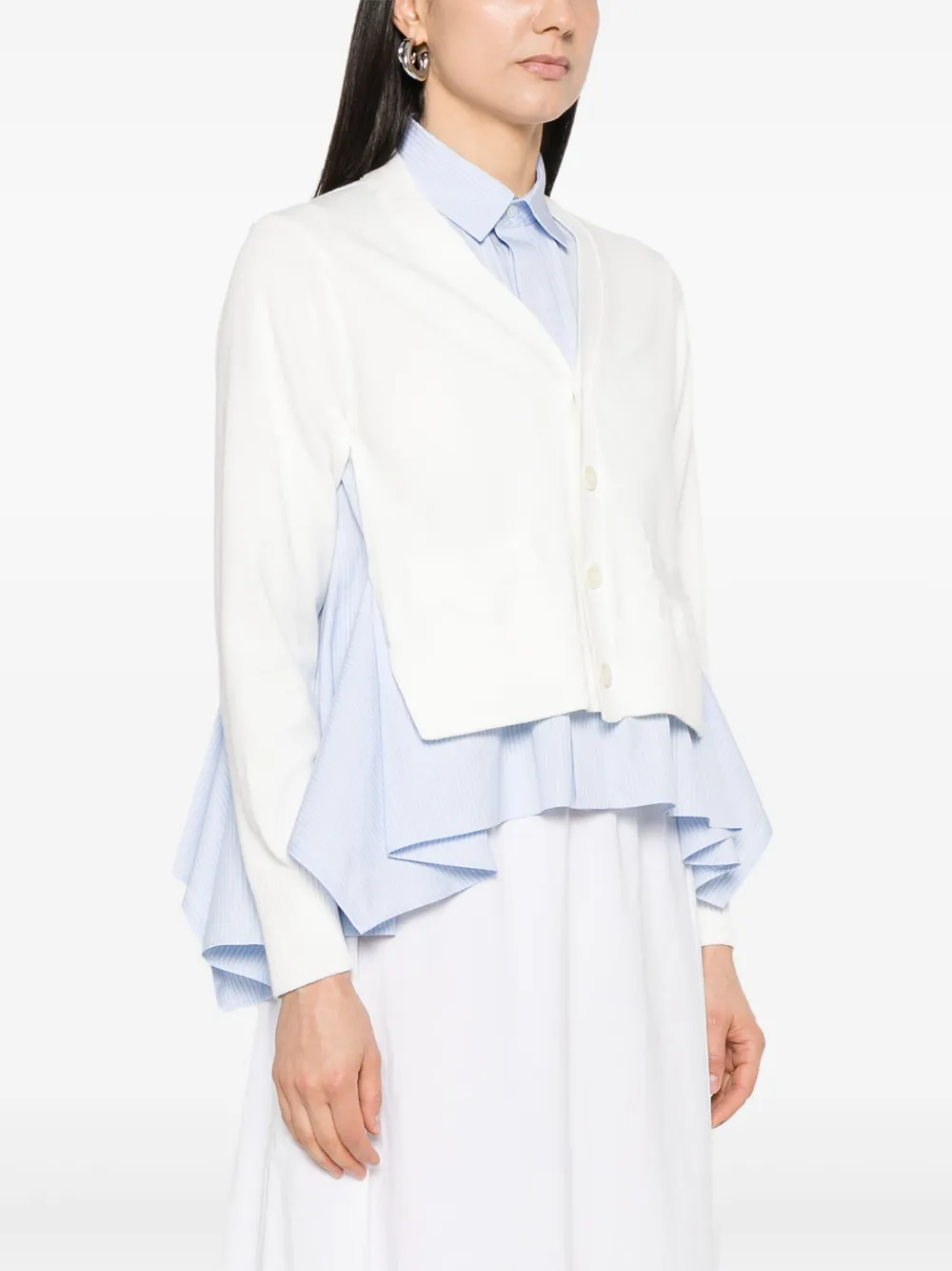 Sacai V-neck Layered Cardigan Patch Pockets In White